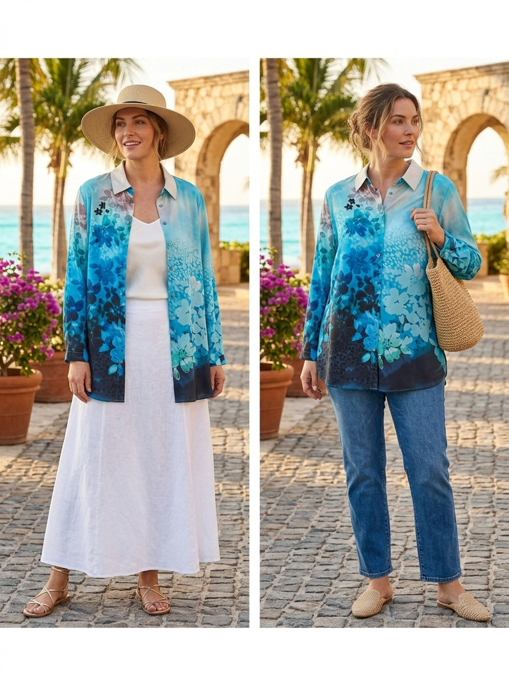 Soft Surroundings Silk Floral Button Up Shirt Blue Tunic Top Luxe vacation XL